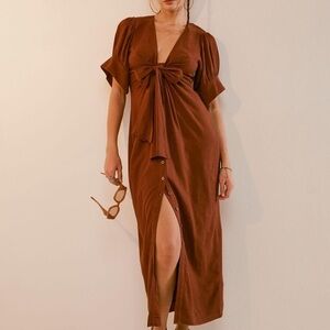 Free People NEW Vintage Summer Linen Blend Midi Button Dress Burnt Orange Brown
